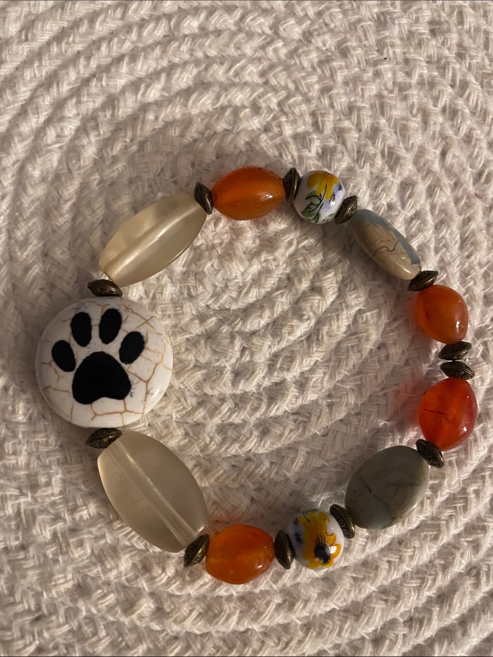 Autumn Pet Paw Print Beaded Stretch Bracelet - Orange & White
